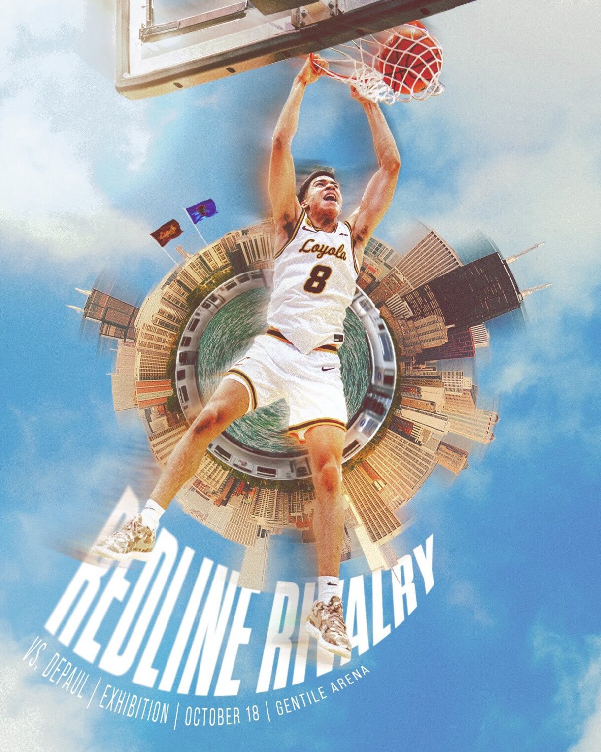 Loyola basketball player in the middle of a city skyline sphere